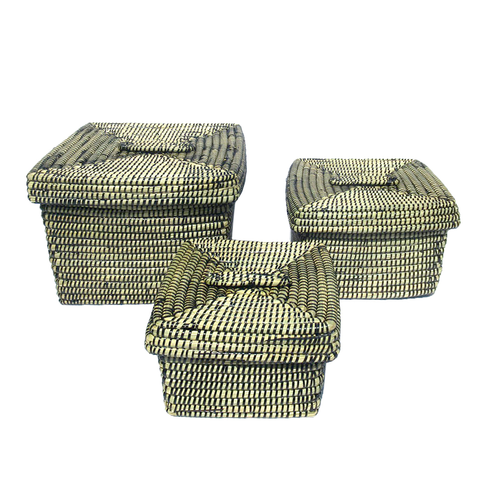 KENYA BOX ΚΟΥΤΙ ΜΕ ΚΑΠΑΚΙ 3ΤΜΧ KANSGRASS PVC ΦΥΣΙΚΟ ΜΑΥΡΟ 35/30/25x35/30/25xH30/21/17cm